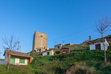 Fototapeta na wymiar castle tower and wineries of Itero del Castillo, Spain