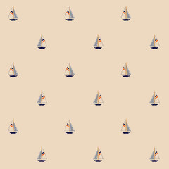 Seamless summer sea pattern with sailing ships on pink background.