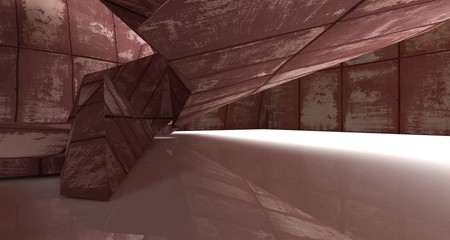 Empty  abstract room interior of sheets rusted metal. Architectural background. 3D illustration and rendering