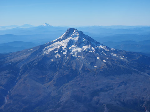 Mount Hood photographed from airplane on final approach into Portland, Oregon.