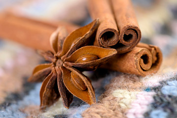 Star anise, cinnamon sticks.  Spices for winter hot drinks.