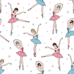 Ballet dance seamless pattern with cute ballerinas in tutu dresses and stars © Tamiris