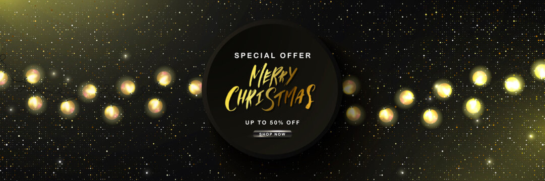 Merry Christmas Sale poster with golden glitter and garland. Vector illustration. Design for invitation, banners, ads, coupons, promotional material.
