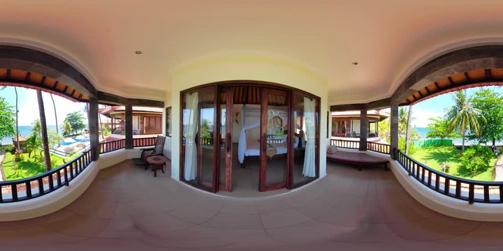 vr360 view from the balcony of luxury hotel on sea. bedroom interior with large bed in luxury hotel. travel concept.