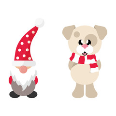 cartoon christmas dwarf and winter dog with scarf