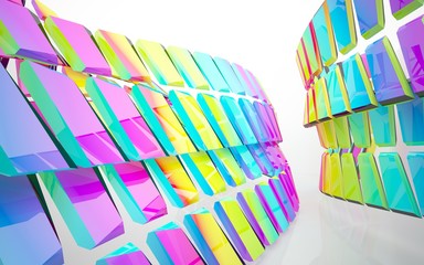 Abstract dynamic interior with gradient colored objects. 3D illustration and rendering