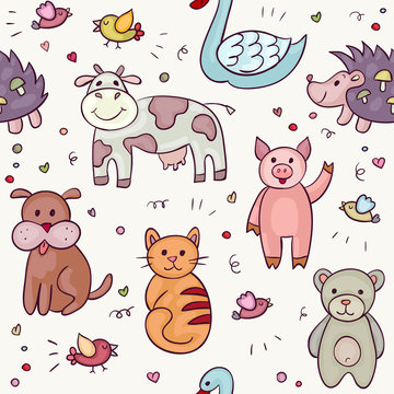 Cute Animals Doodle Set. Hand drawn swan, pig, dog, cow, hedgehog, bear, bird, cat. Vector illustration for your cute design