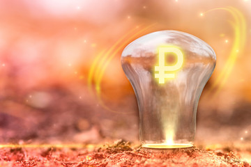 Ruble sign concept with copy space. Currency symbol inside the light bulb. Exchange Rate changes.