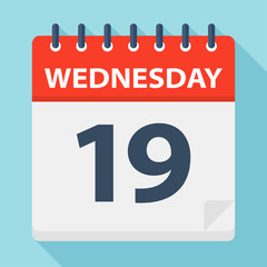 Wednesday 19 - Calendar Icon. Vector illustration of week day paper leaf.