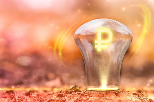Ruble sign concept with copy space. Currency symbol inside the light bulb. Exchange Rate changes.