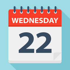 Wednesday 22 - Calendar Icon. Vector illustration of week day paper leaf.