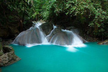 Beautiful waterfall - Erawan waterfall at Erawan National Park in Kanchanaburi, Thailand.
