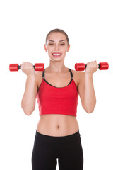 Portrait of young woman with dumbbells