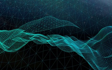 Star horizon. Abstract landscape on a dark background. Cyberspace grid. Hi-tech network. Outer space. Starry outer space texture. 3D illustration