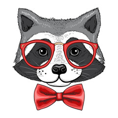 Hand drawn illustration of raccoon in glasses and a bow tie
