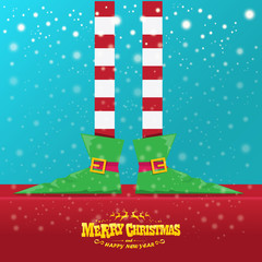 vector creative merry christmas greeting card with cartoon elfs legs, elf shoes and christmas stripped stocking on falling snow in sky. Vector merry christmas background