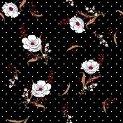 Beautiful and softy blooming white flowers seamless pattern vector on pollka dots on black background for fashion fabric and all prints