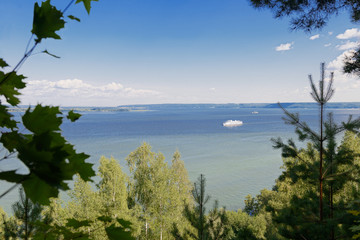 view through the green forest to the river with a passenger ship