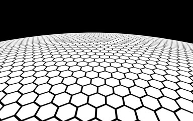 White honeycomb on a white background with a black horizon. Perspective view on polygon look like honeycomb. Ball, planet, covered with a network, honeycombs, cells. 3D illustration