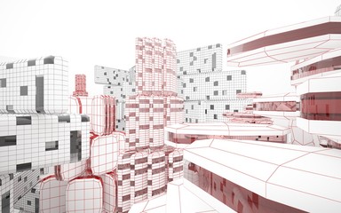 Abstract architectural background drawing of modern buildings with black and red lines. 3D illustration and rendering