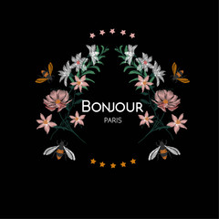 Bumble Bee and flower embroidery vector design, vintage fashion on black background.