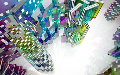 Architectural background of skyscrapers made of colored glass with white frosted inserts. 3D illustration and rendering