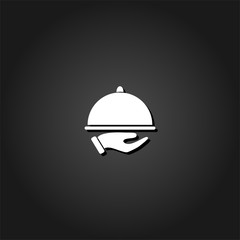 Restaurant cloche in hand the waiter icon flat. Simple White pictogram on black background with shadow. Vector illustration symbol