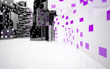 Architectural background of skyscrapers made of black and purple with white frosted glass inserts. 3D illustration and rendering
