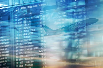 Flights information departures board in airport terminal. © Lukas Gojda