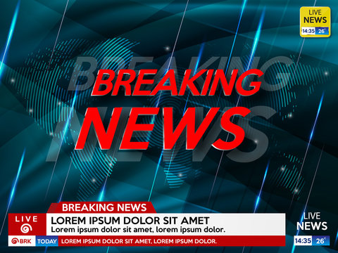 Background screen saver on breaking news. Breaking news live with world map and blue rays . Vector iluustration.