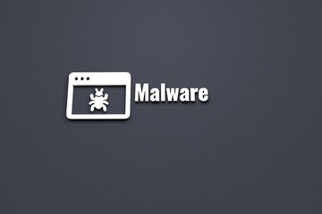 3D illustration of Malware, white color and white text with dark background.
