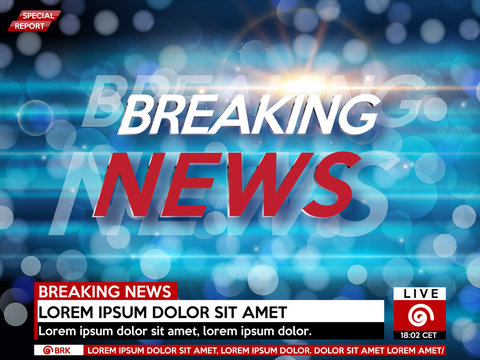 Background screen saver on breaking news. Breaking news live on blue background with lights. Vector illustration.