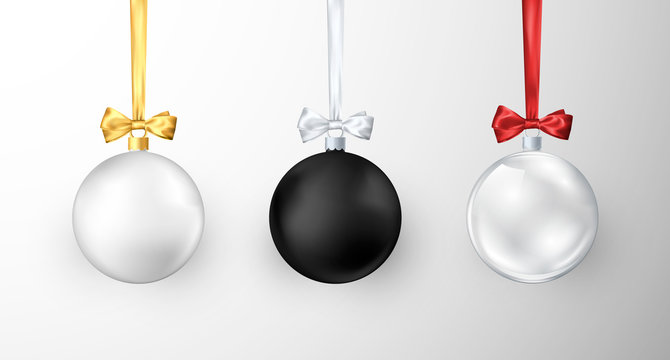 Set of Christmas balls. Realistic glossy xmas and new year tree decorations. White black and glass traditional holiday realistic Christmas balls. Vector illustration