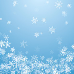 Fototapeta na wymiar Falling white snowflakes on blue background. Blue Christmas snowflakes background. Vector illustration