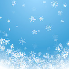Holiday winter background for Merry Christmas and Happy New Year. Falling white snowflakes on blue background. Winter blue sky with falling snow. Vector illustration