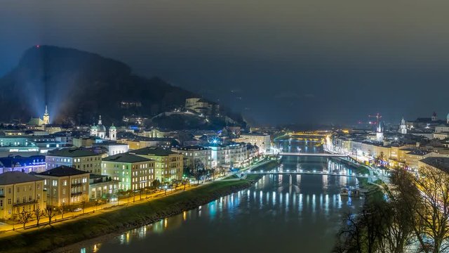 Panoramic view over Salzburg by night, time lapse in 4K. 