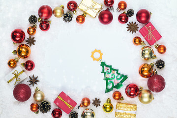 New Year background of Christmas decorations in the snow