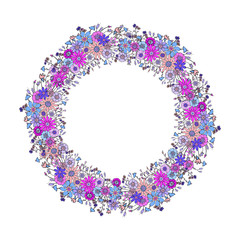 Vector round wreath with hand-drawn colorful pink, blue, violet flowers and brunches. Floral doodles, stylised flowers.   Elegant circle frame with space