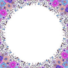 Vector round frame with hand-drawn colorful bright pink, blue, violet flowers and branches on white background. Floral circle template for cards with flowers in doodle style