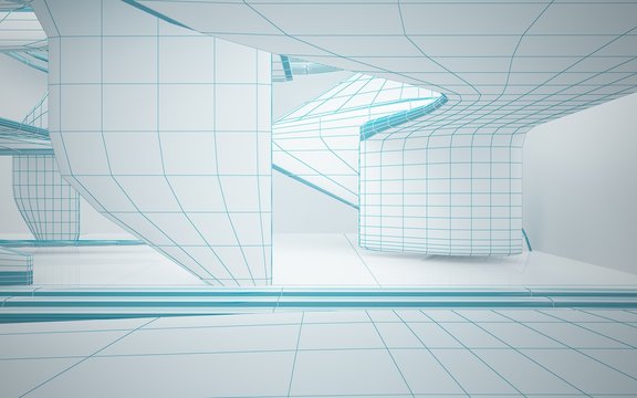Abstract white interior highlights future with glossy lines. Polygon colored drawing. Architectural background. 3D illustration and rendering