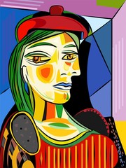 Colorful abstract background, cubism art style, woman red hat