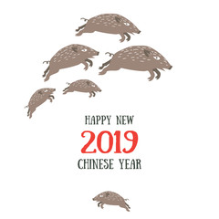 Fototapeta premium Happy New 2019 Chinese year of the boar. Vector illustrated flat simple holiday template with the pig and red chinese hieroglyph means pig. Decorative celebration template