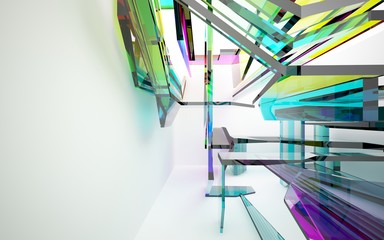 abstract architectural interior with gradient geometric glass sculpture with black lines. 3D illustration and rendering