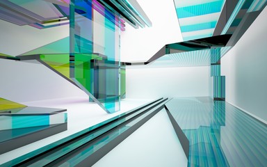 abstract architectural interior with gradient geometric glass sculpture with black lines. 3D illustration and rendering