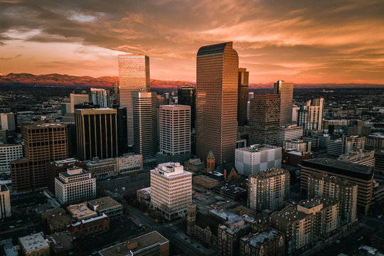 Aerial drone photo - Sunrise over the city of Denver Colorado	