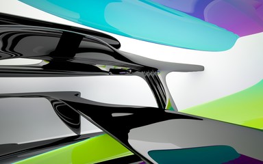 abstract architectural interior with colored smooth glass sculpture with black lines. 3D illustration and rendering