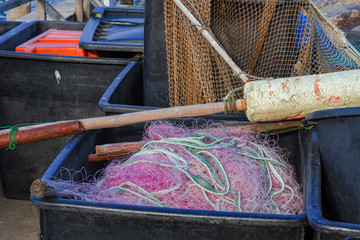 Baltic sea autumn fishing net scene