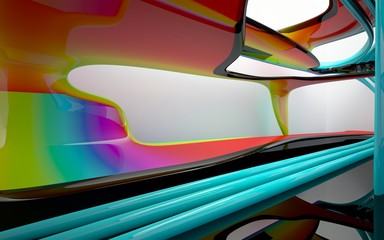 abstract architectural interior with colored smooth glass sculpture with black lines. 3D illustration and rendering