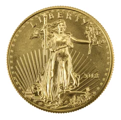  golden american eagle coins on white background placed on left side © Kunz Husum