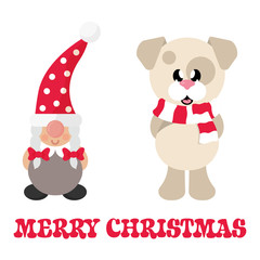 cartoon christmas dwarf girl and winter dog with scarf and christmas text
